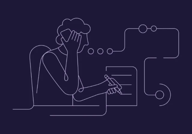 Outline of stressed person writing with head in hands