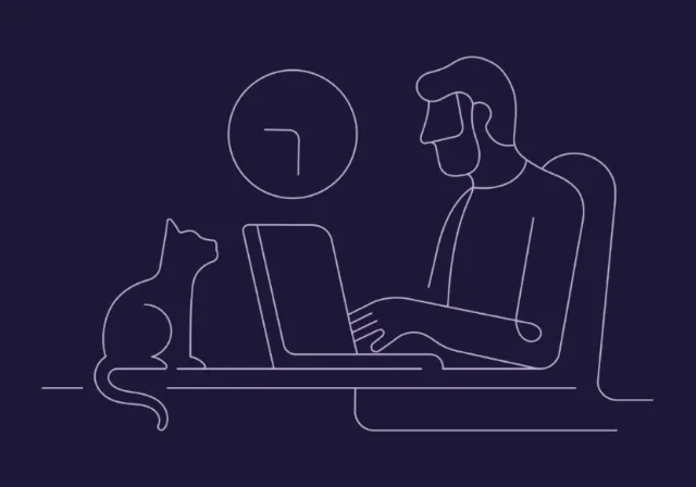 Line art of person typing on laptop with cat sitting beside