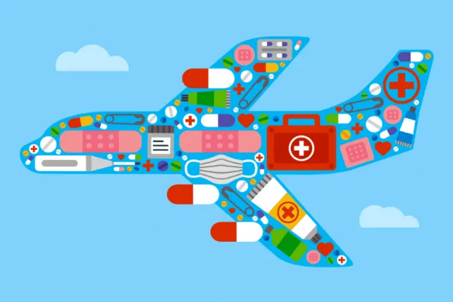 Airplane composed of medical supplies like pills, bandages, masks