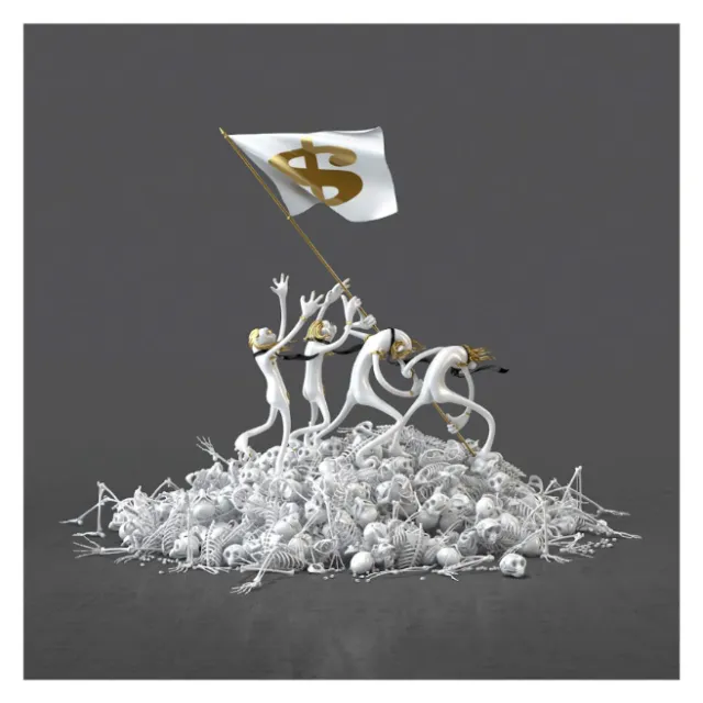 White abstract figures holding a dollar flag atop a pile of skeletons