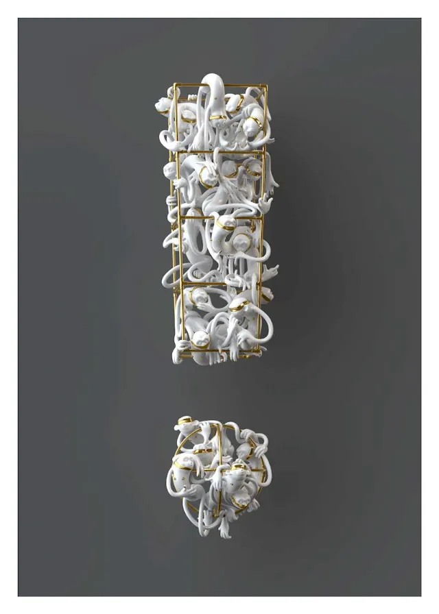 Exclamation mark sculpture with white tangled pipes against gray background