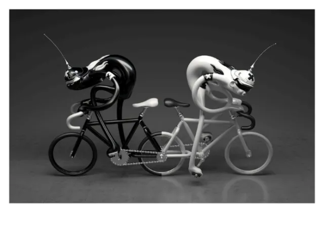 Black and white chameleon sculptures riding a tandem bicycle in surreal style.