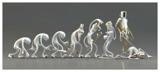 Sculpture showing human evolution from ape to robot and collapse