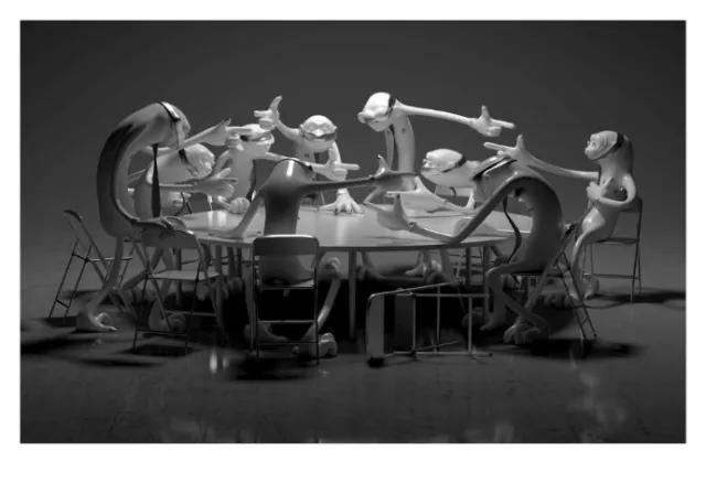 Abstract figures sitting and gesturing around a round table.