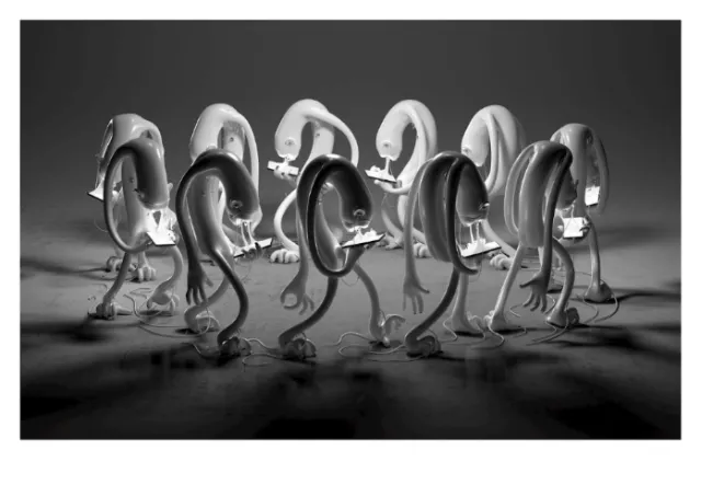 Monochrome image showing surreal humanoid figures with long curved arms.