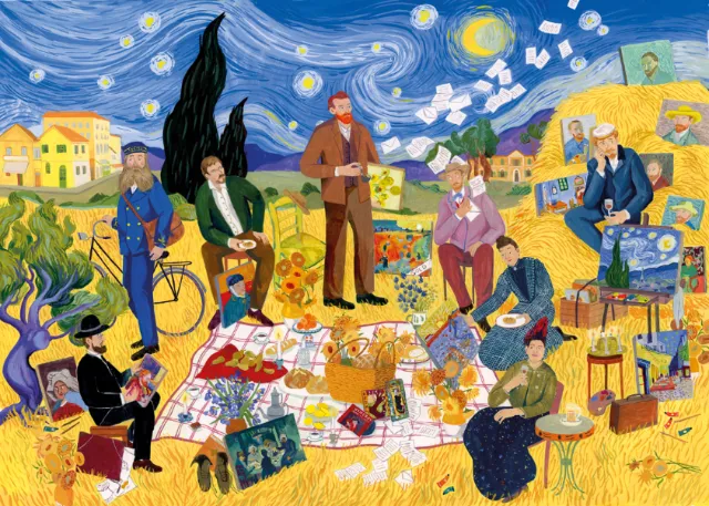 Illustration of people assembling a Van Gogh puzzle outdoors