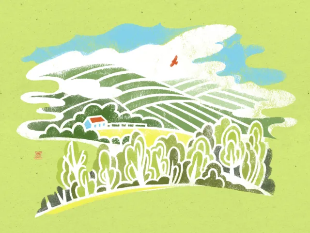 Stencil illustration of a red roof house in a green landscape
