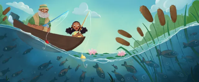 Grandfather and child fishing in boat with fish underwater view