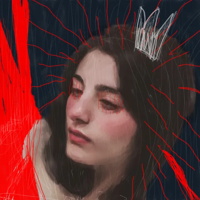 Portrait of a woman with dark hair and white crown against red lines
