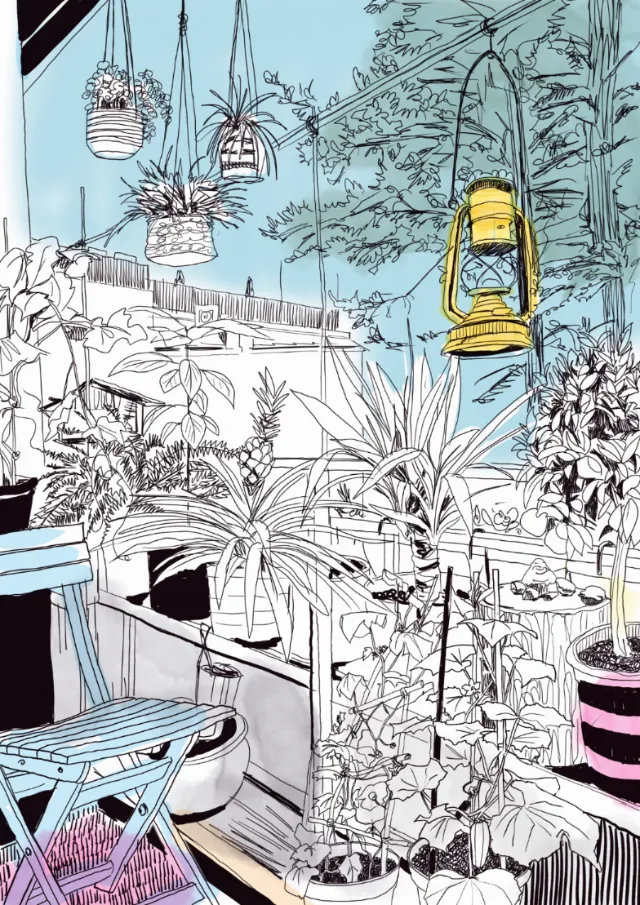Balcony garden with potted plants and yellow hanging lantern illustration