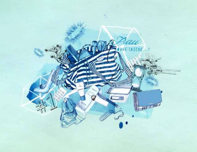 Collage of blue striped bag, keys, glasses, and other items