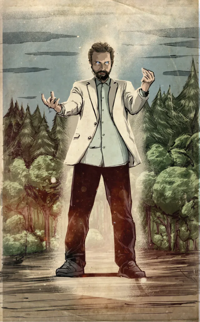 Man in white coat controlling glowing energy orbs in forest clearing.