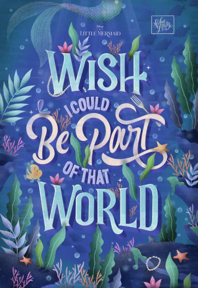 Underwater scene with colorful plants and text from The Little Mermaid.