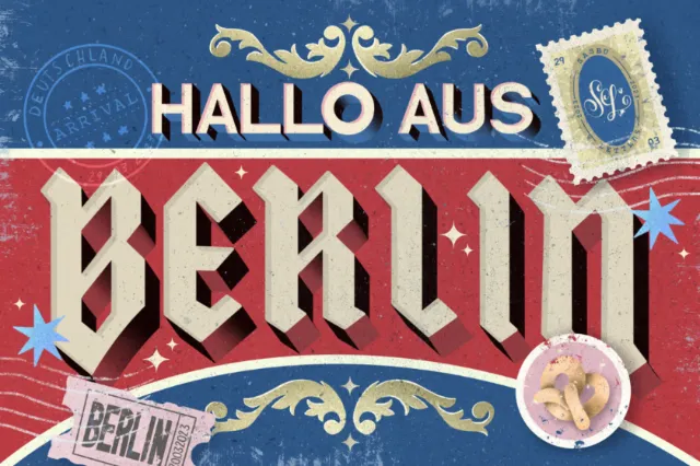 Vintage Berlin greeting poster with ornate lettering and postage stamps.
