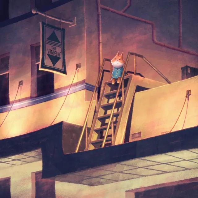 Cat character standing on rooftop stairs at sunset
