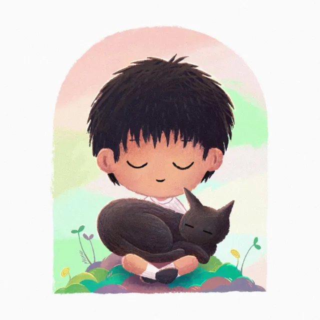 Visual concept of a boy and his feline companion
