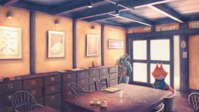 Wooden room interior with table, chairs, drawers, and a standing cat character