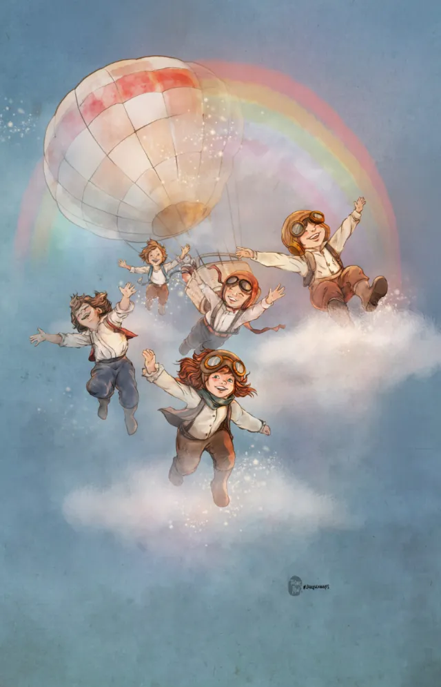 Children in aviator outfits flying near hot air balloon and rainbow in sky