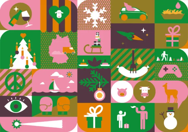 Grid of holiday icons including Christmas tree, gifts, snowflakes, and animals