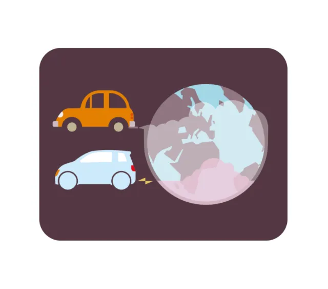 Illustration of electric car towing gasoline car with Earth behind
