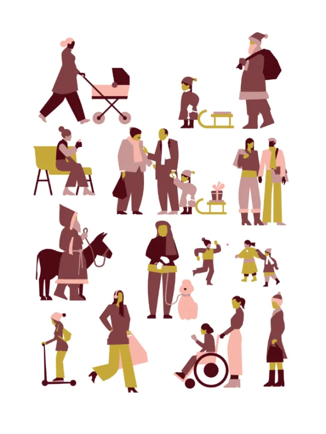 Illustration of diverse people walking, sitting, playing, and interacting outdoors