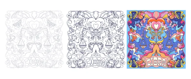 Three stages of colorful psychedelic heart and nature illustration
