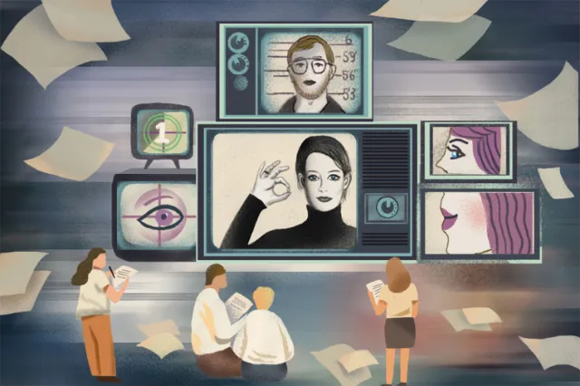 Group observing facial recognition and eye scan images on screens.
