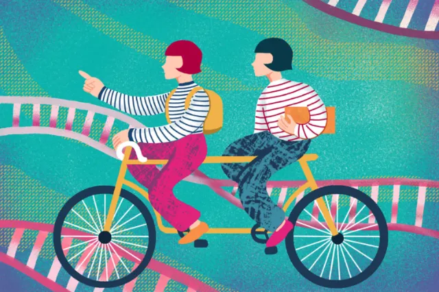 Illustration of two people on a tandem bike with DNA strands behind