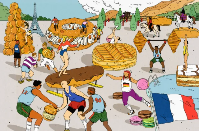 Athletes running and competing with giant French desserts and pastries.