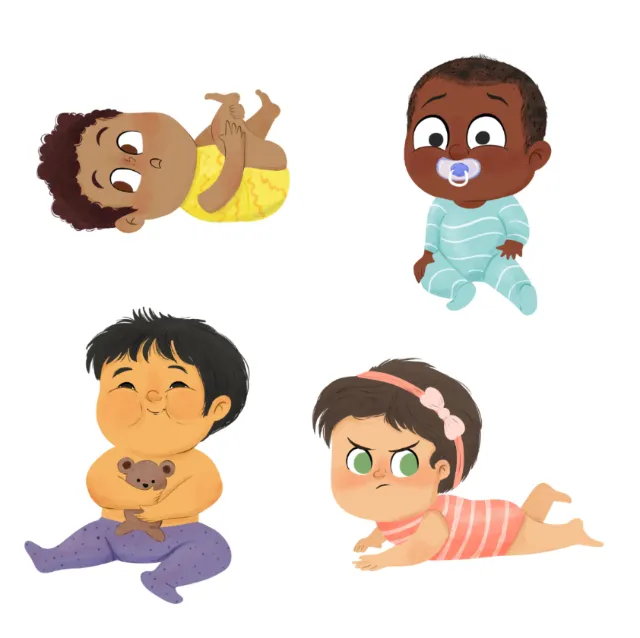 Four diverse babies in colorful outfits in various poses