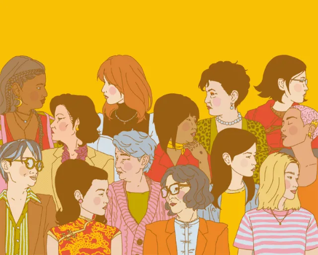Illustration of diverse people in colorful clothing looking in different directions