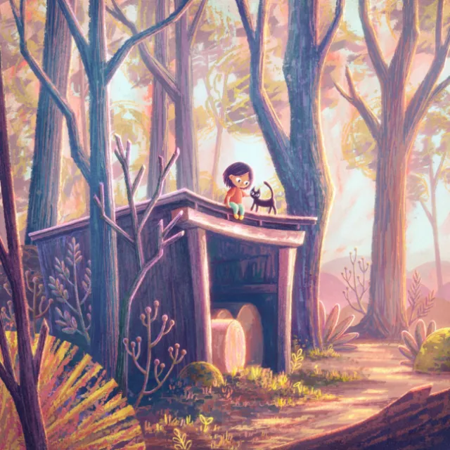 A girl and a black cat sitting on a treehouse roof in a sunlit forest by Momo Sugimoto