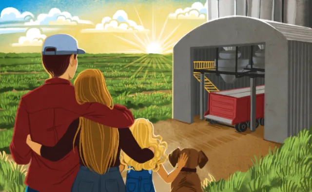 Family and dog looking at sunrise near a barn and tractor on a farm.