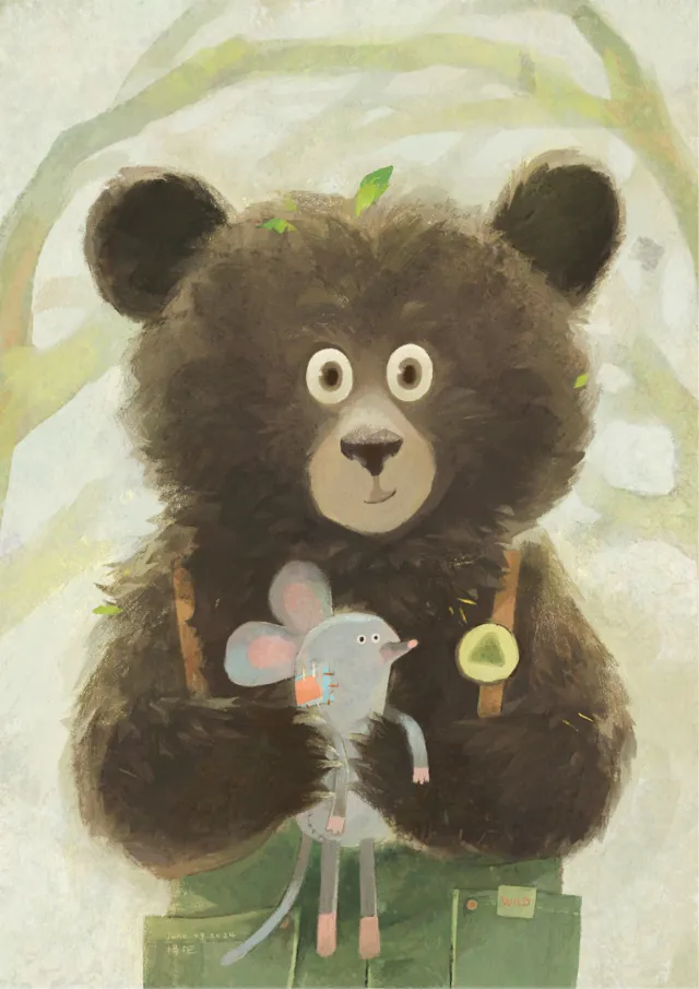 Illustration of a bear holding a mouse and a mushroom in forest