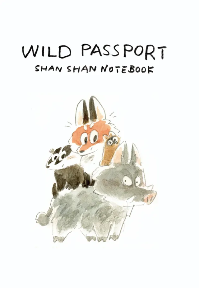 Illustration of three cute animals with text 'Wild Passport Shan Shan Notebook'.
