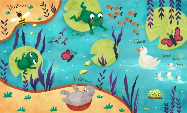 Illustration of a pond with frogs, fish, a duck, butterflies, and insects