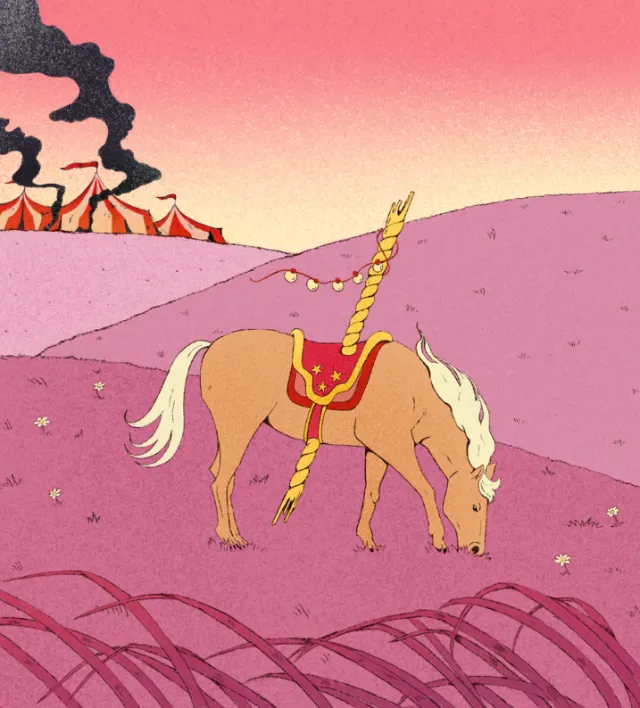 Unicorn grazing in pink field with circus tents and smoke in background