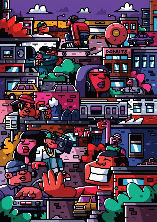 Vibrant city illustration featuring food trucks and animated people