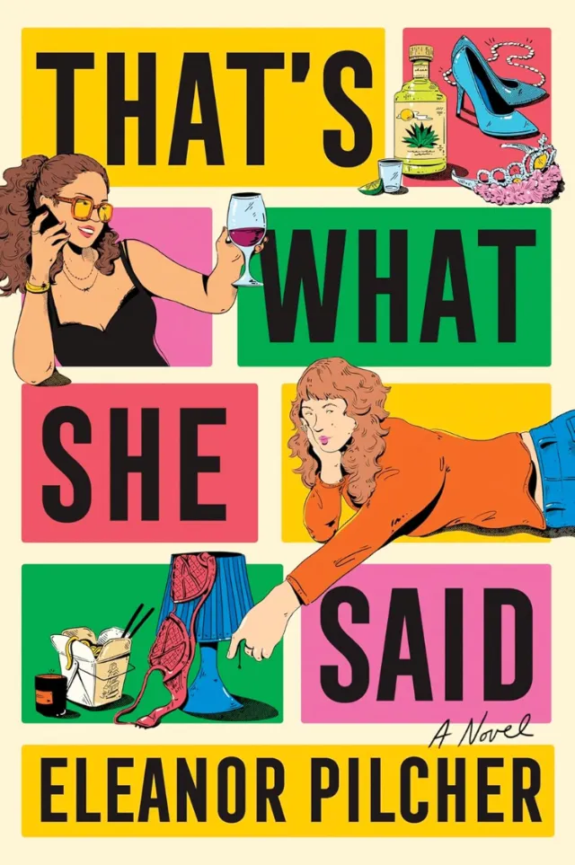 Illustration of two women with wine and shoes on colorful blocks.