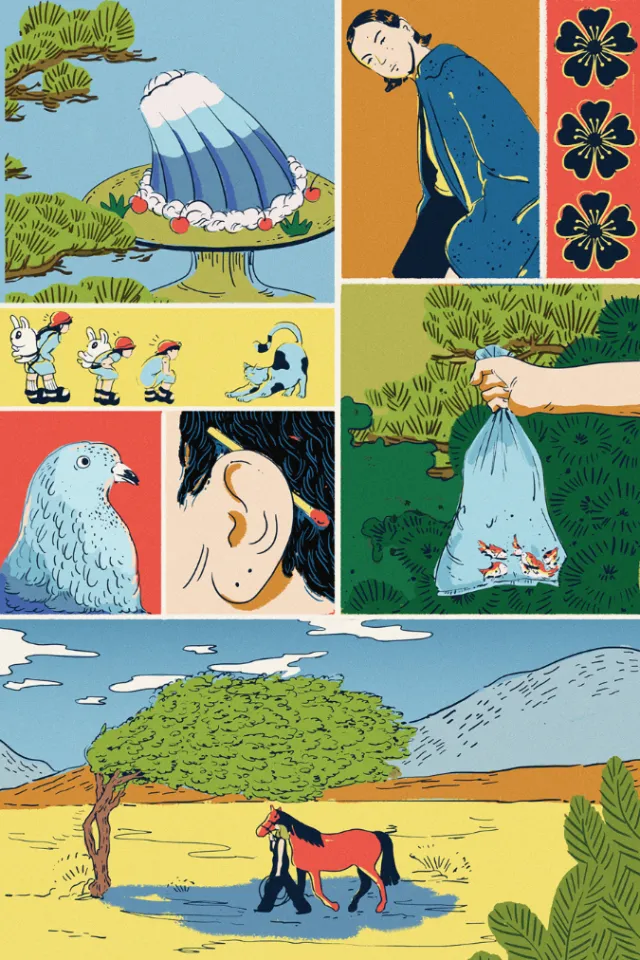 Comic panels with man, birds, fish bag, and horse under tree in vibrant colors.