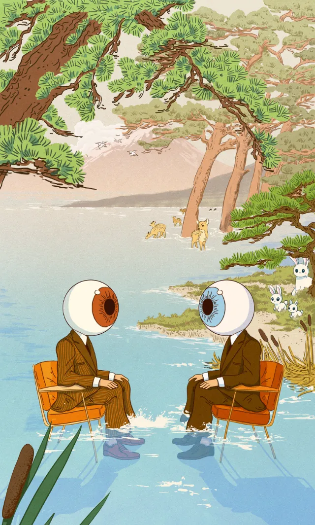 Two suited figures with eyeball heads sitting on chairs in water near a lake.