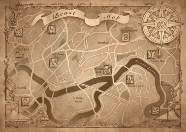 Old map showing city layout with beast icons and compass rose