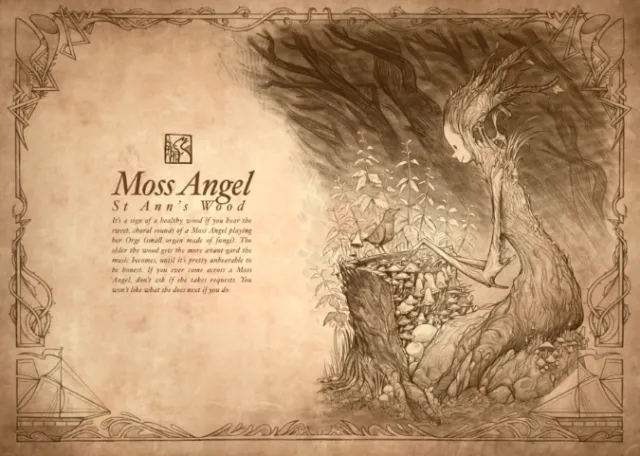 Moss-covered angel surrounded by leaves and mystical elements in sepia tones