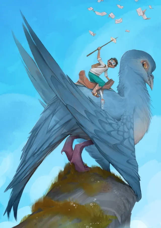 Man with stick riding a large blue bird on a rock with flying papers