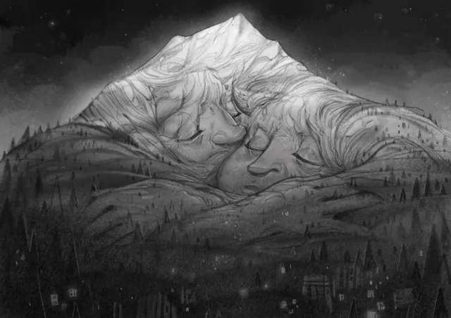 Surreal mountain landscape with human face profiles blended into the terrain