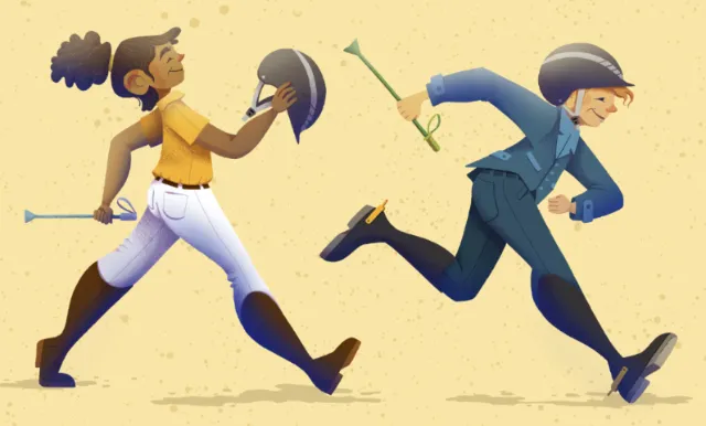 Two jockeys running, one holding helmet and crop, the other running fast