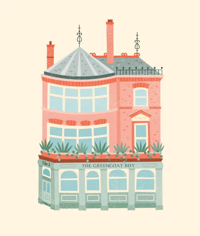Vintage brick building with rooftop plants and large windows illustration.