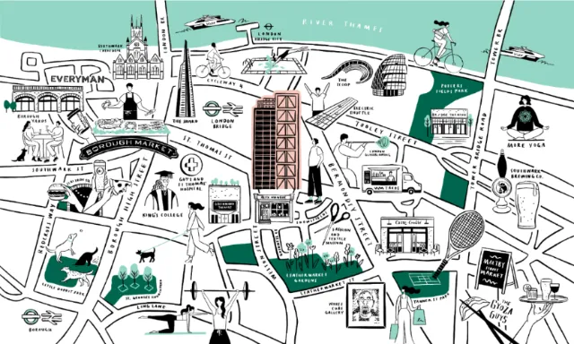 Illustrated city map showing landmarks and streets in black, white, and green