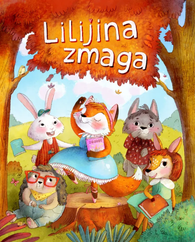 Five animal characters sitting and standing under an orange-leaved tree.