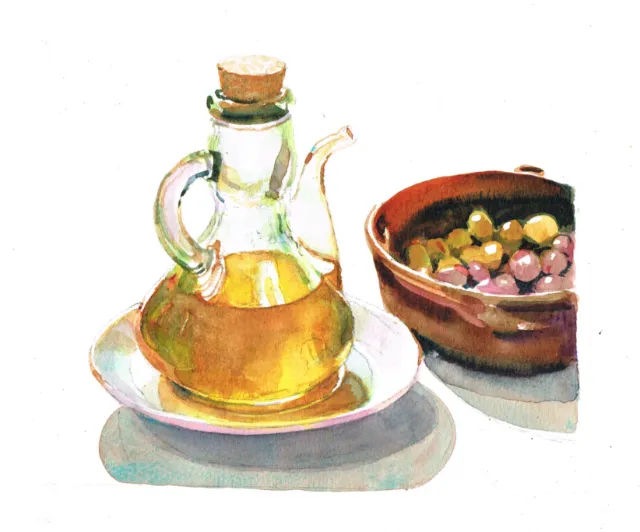 Glass bottle with olive oil next to a bowl of green and purple olives